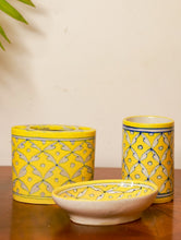 Load image into Gallery viewer, Blue Pottery Bathroom Set (2 pc set) - Yellow - Tooth Brush Holder &amp; Stand