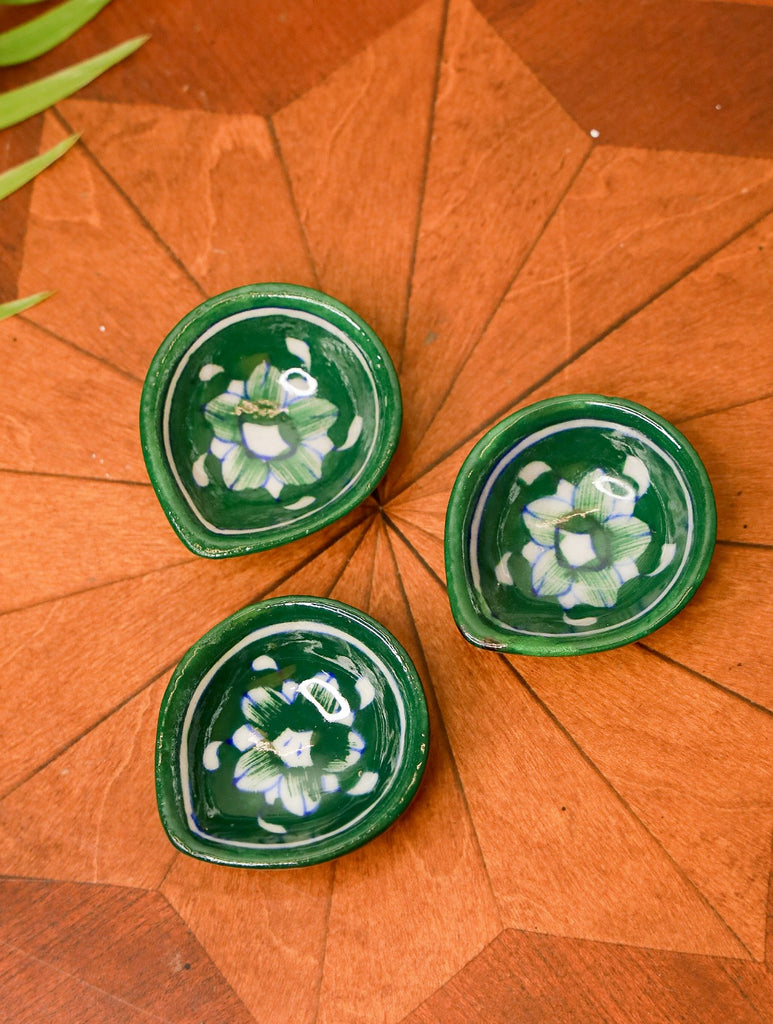 Blue Pottery Diya (Set of 3) - Green