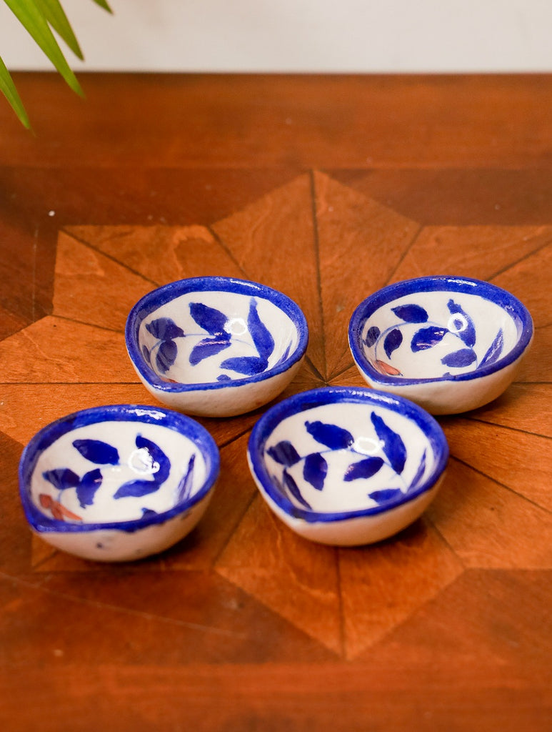Blue Pottery Diya (Set of 4) - White and Indigo Blue