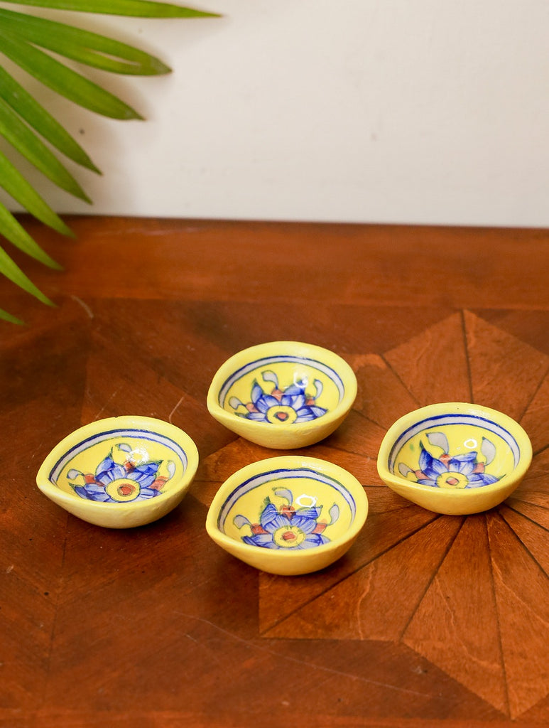 Blue Pottery Diya (Set of 4) - Yellow and Blue Flower