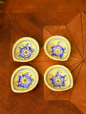 Blue Pottery Diya (Set of 4) - Yellow and Blue Flower
