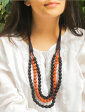 Bohemian Beauty - Handcrafted Cotton Fabric Beads Neckpiece; Black & Orange, 3 Strings