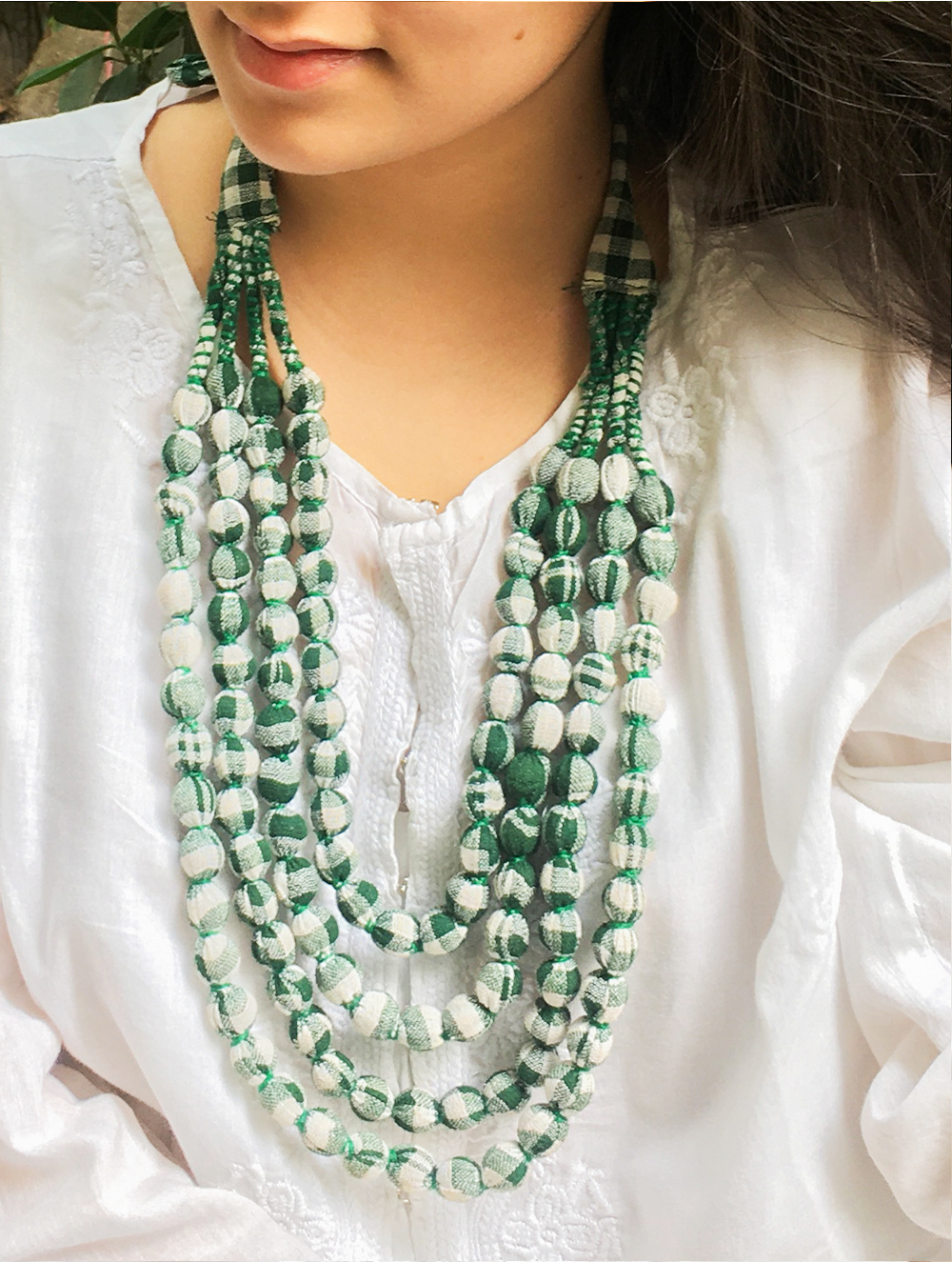 Load image into Gallery viewer, Bohemian Beauty - Handcrafted Cotton Fabric Beads Neckpiece; Green Checked, 4 Strings