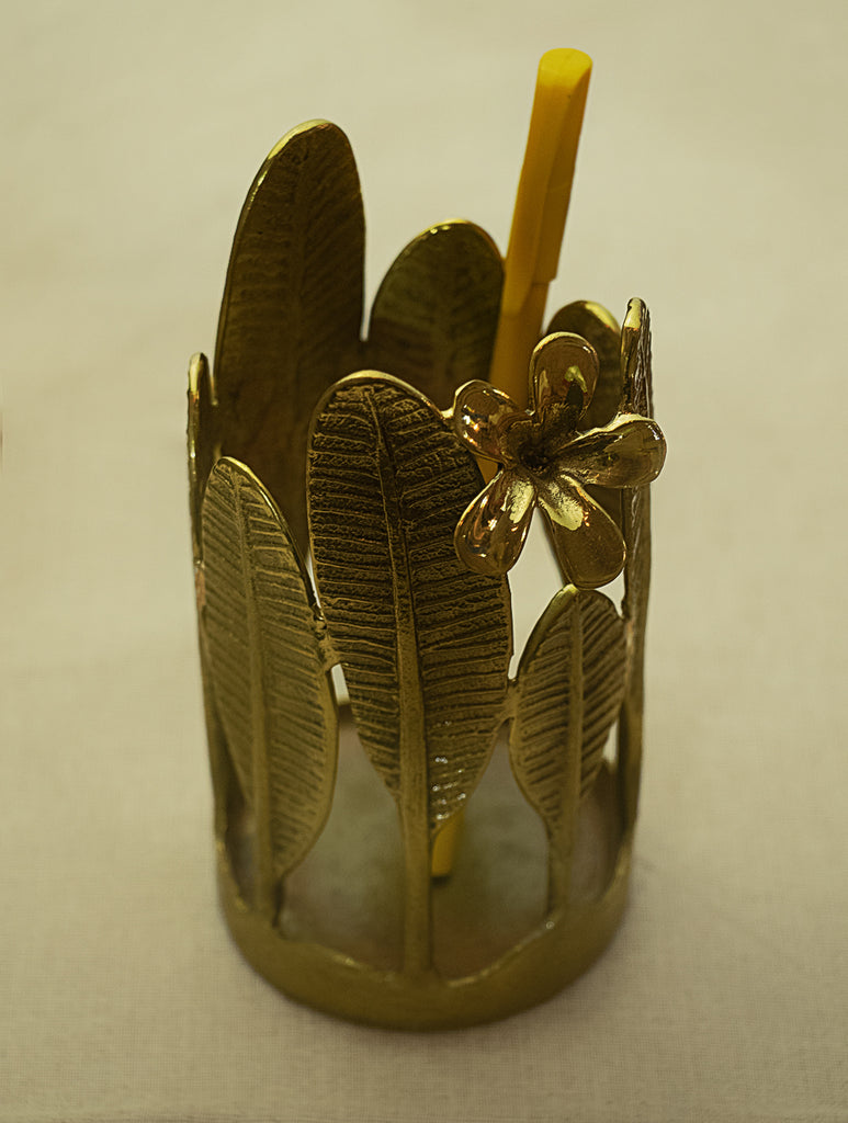 Brass  Pen / Spoon Holder - Temple Flower Leaves - The India Craft House 
