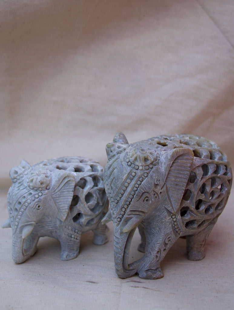 Carved Filigree Stone Elephant Curio Set of 2