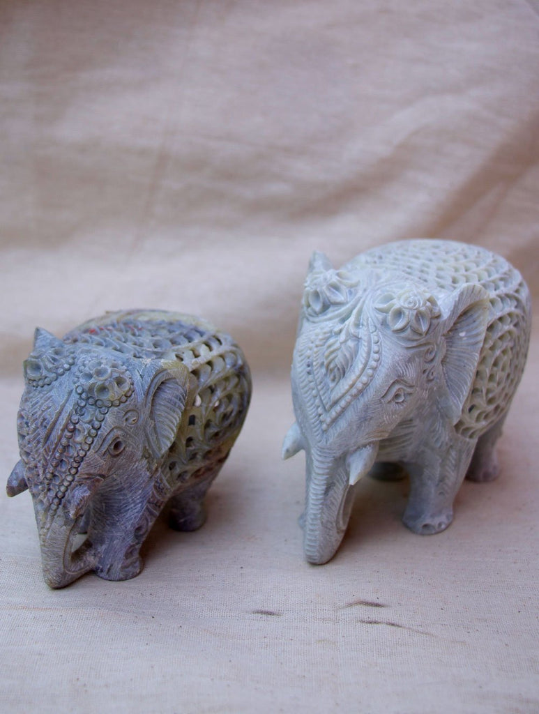 Carved Filigree Stone Elephant Curio Set of 2