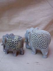 Carved Filigree Stone Elephant Curio Set of 2