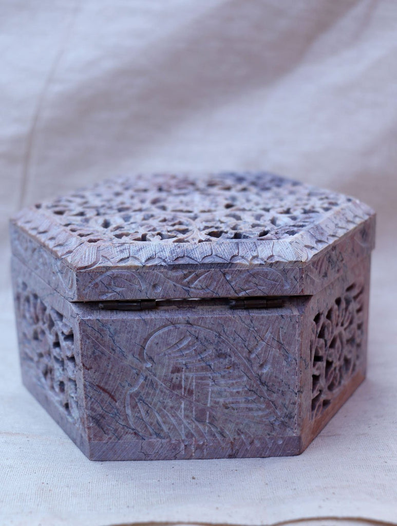 Carved Filigree Stone Hexagon Box