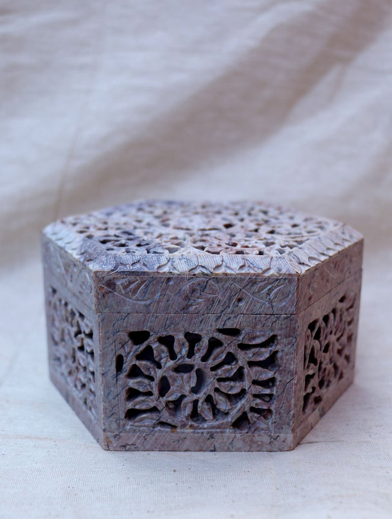 Carved Filigree Stone Hexagon Box