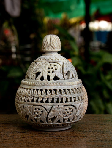 Carved Filigree Stone Round Tea Light Holder