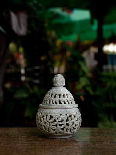 Carved Filigree Stone Round Tea Light Holder