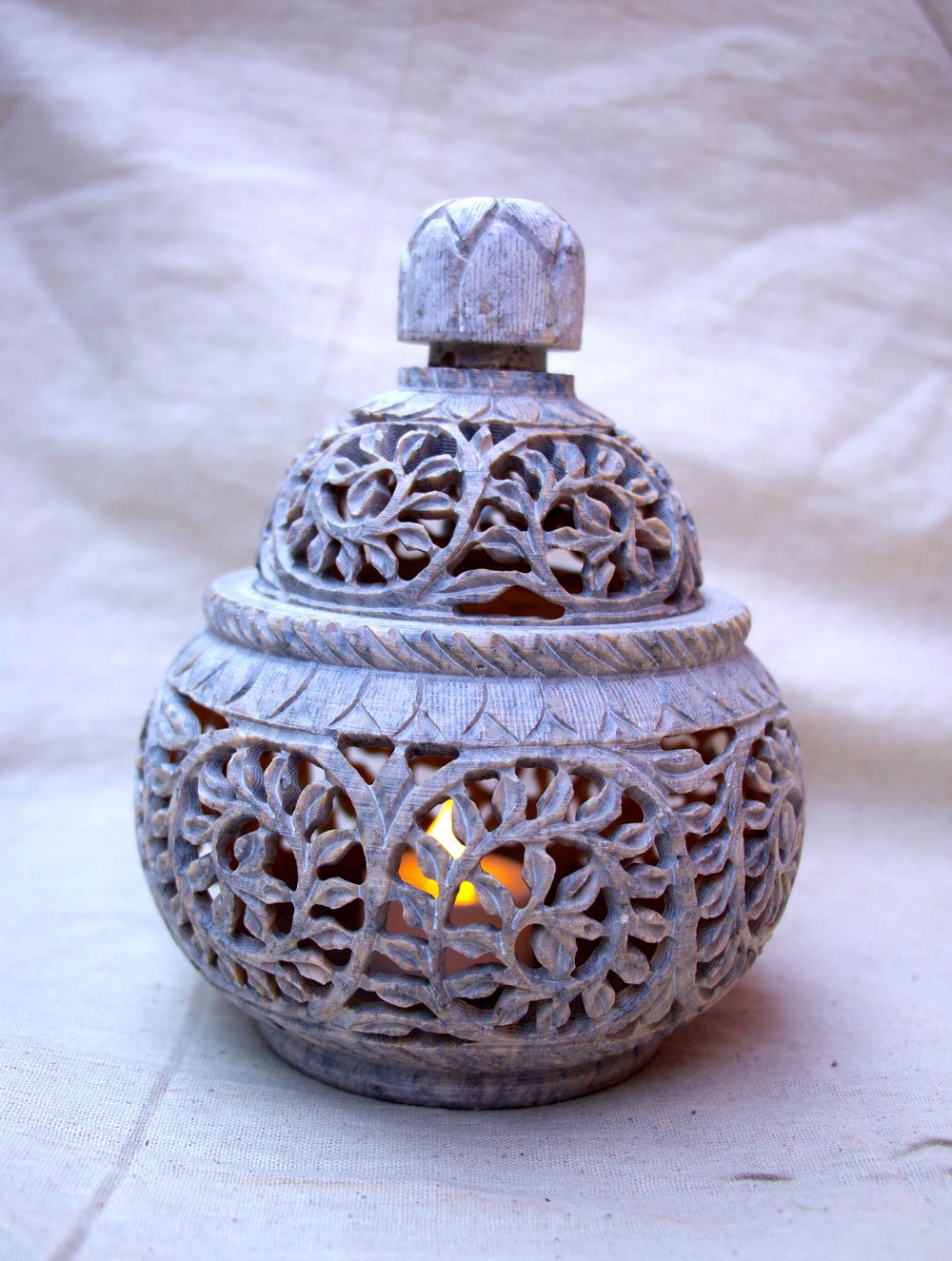 Carved Filigree Stone Round Tea Light Holder