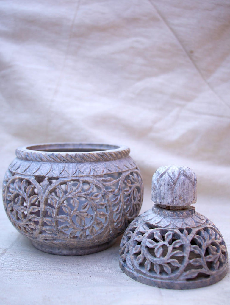 Carved Filigree Stone Round Tea Light Holder