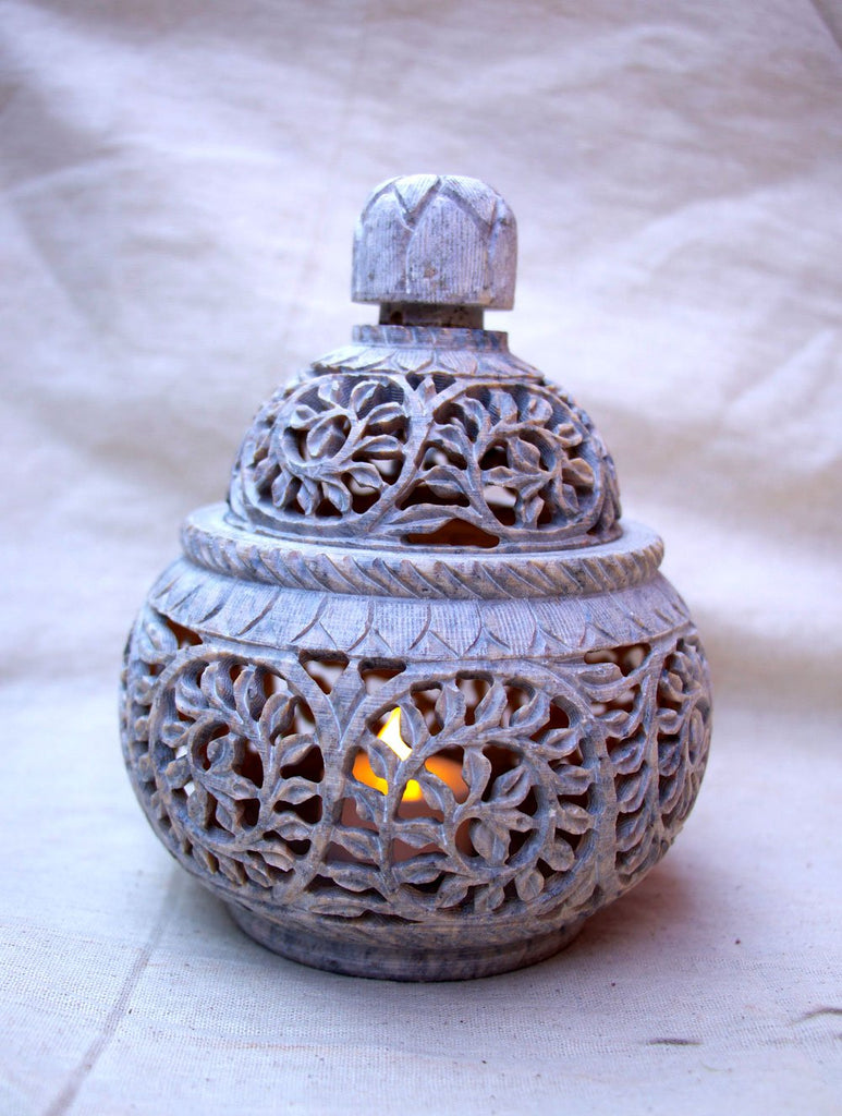 Carved Filigree Stone Round Tea Light Holder