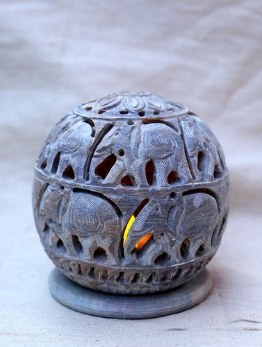 Carved Filigree Stone Round Tea Light Holder
