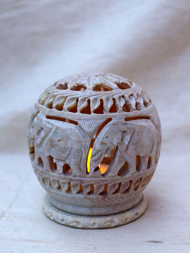 Carved Filigree Stone Round Tea Light Holder