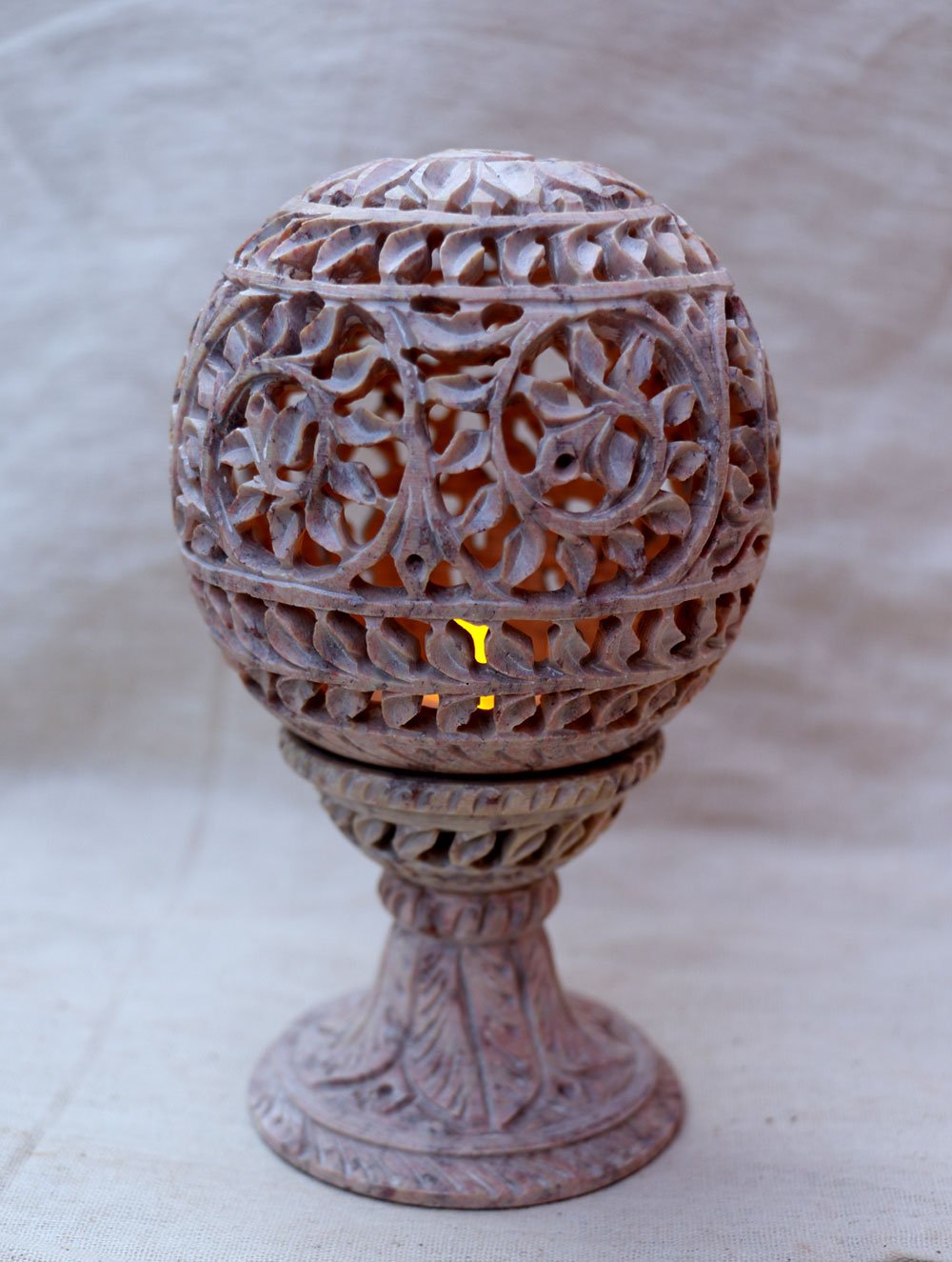 Carved Filigree Stone Round Tea Light Holder