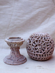 Carved Filigree Stone Round Tea Light Holder