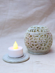 Carved Filigree Stone Round Tea Light Holder