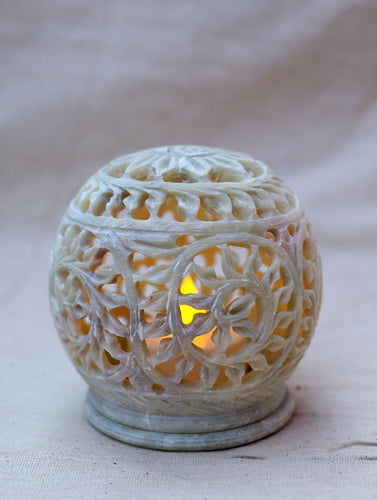 Carved Filigree Stone Round Tea Light Holder