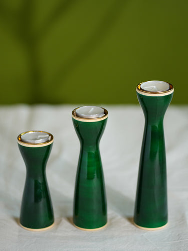 Channapatna Wood Craft Candle Stands - Emerald Green, (Set of 3)