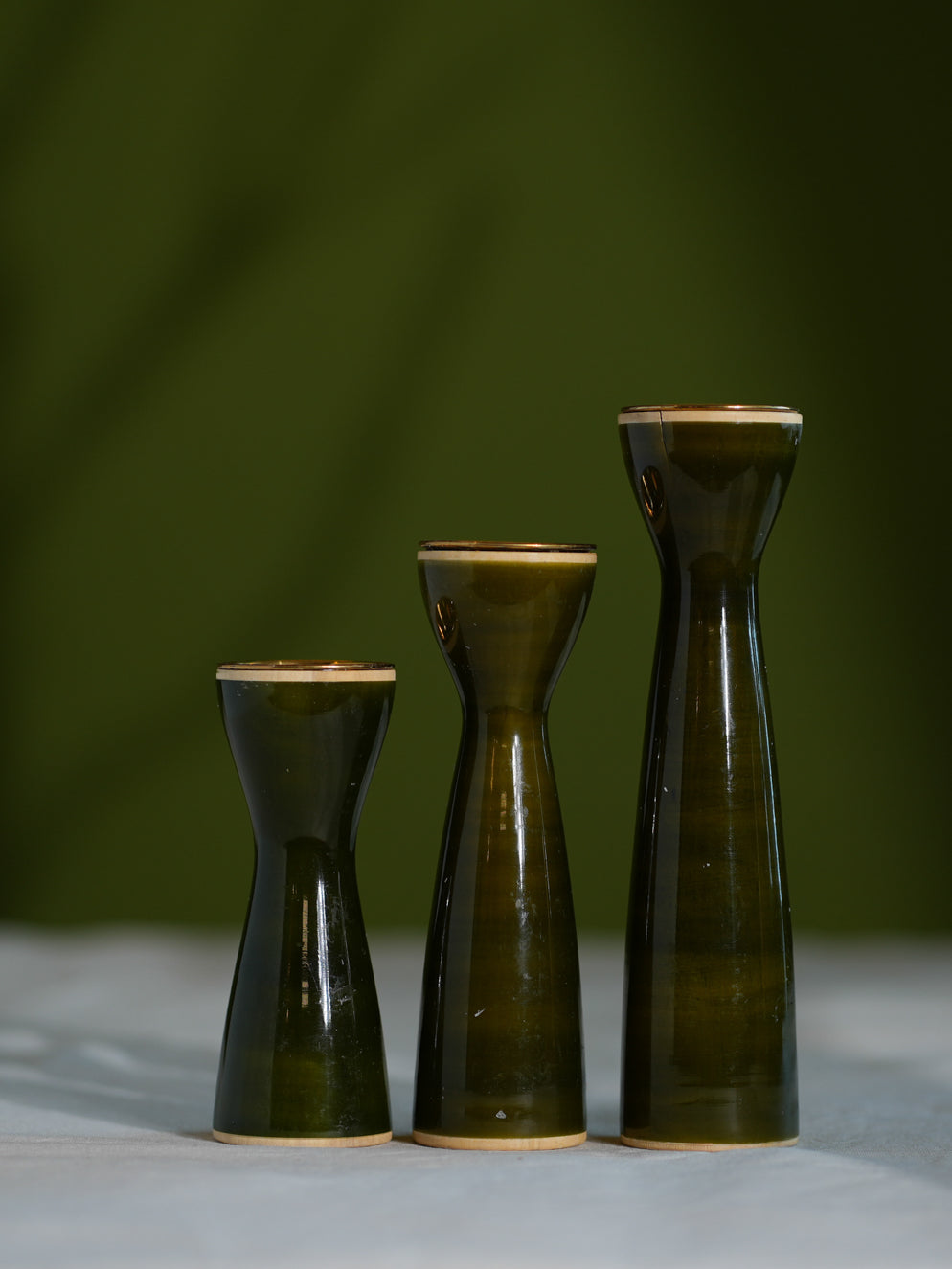 Load image into Gallery viewer, Channapatna Wood Craft Candle Stands - Olive Green, (Set of 3)
