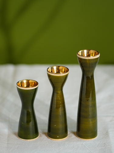Channapatna Wood Craft Candle Stands - Olive Green, (Set of 3)