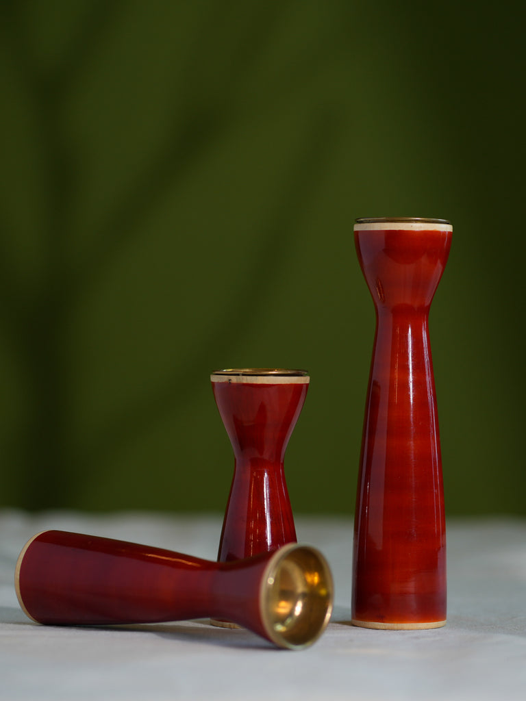 Channapatna Wood Craft Candle Stands - Warm Red, (Set of 3)