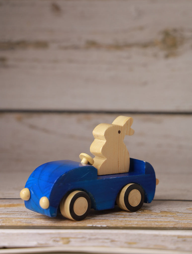 Channapatna Wooden Toy - Rabbit In Car, Blue