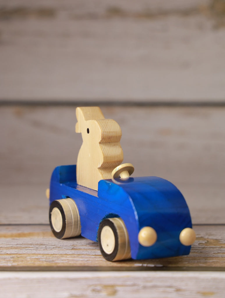 Channapatna Wooden Toy - Rabbit In Car, Blue