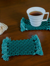 Load image into Gallery viewer, Classic Fringe Handknotted Macramé Coaster Sets / Trivets (Set of 2) - Teal Blue