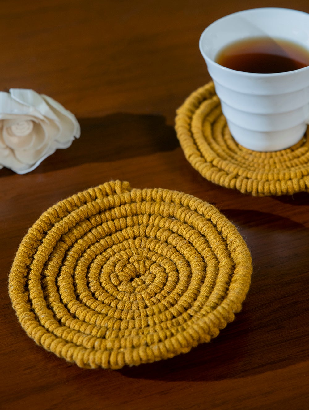 Load image into Gallery viewer, Classic Handknotted Macramé Coaster Sets / Trivets (Set of 2) - Mustard