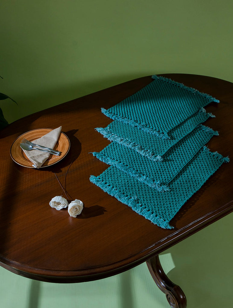 Classic Handknotted Macramé Table Mats - Teal Blue (Set of 4)