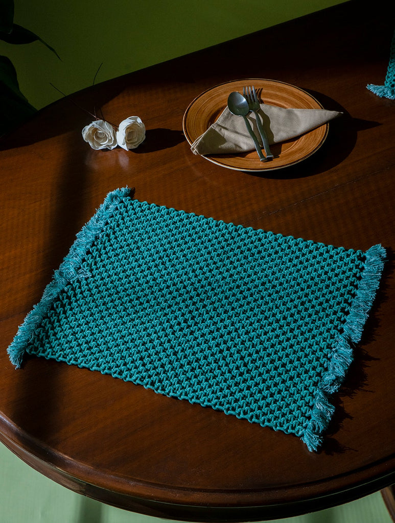 Classic Handknotted Macramé Table Mats - Teal Blue (Set of 4)