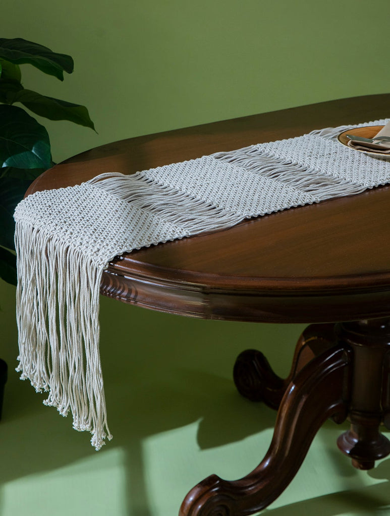 Classic Handknotted Macramé Table Runner - Beige