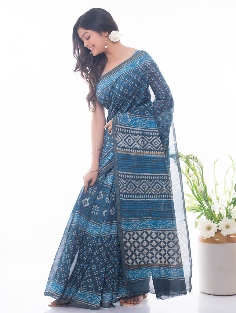 Classic Elegance.Dabu Block Printed Chanderi Saree - Blue Floral