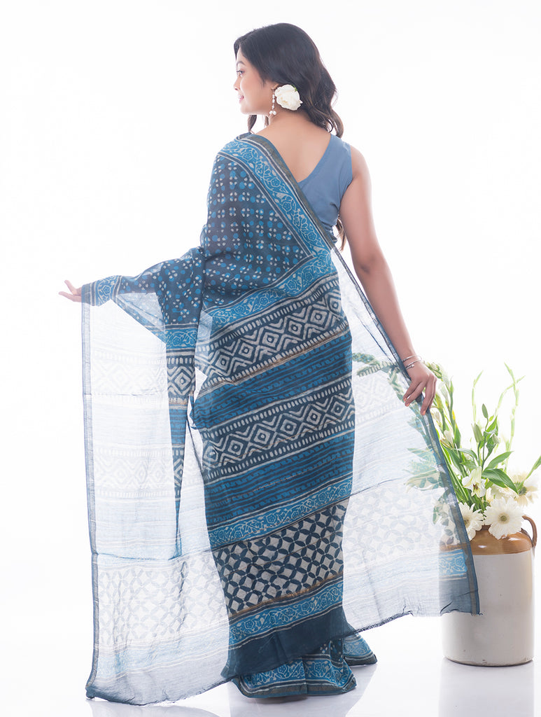 Classic Elegance.Dabu Block Printed Chanderi Saree - Blue Floral