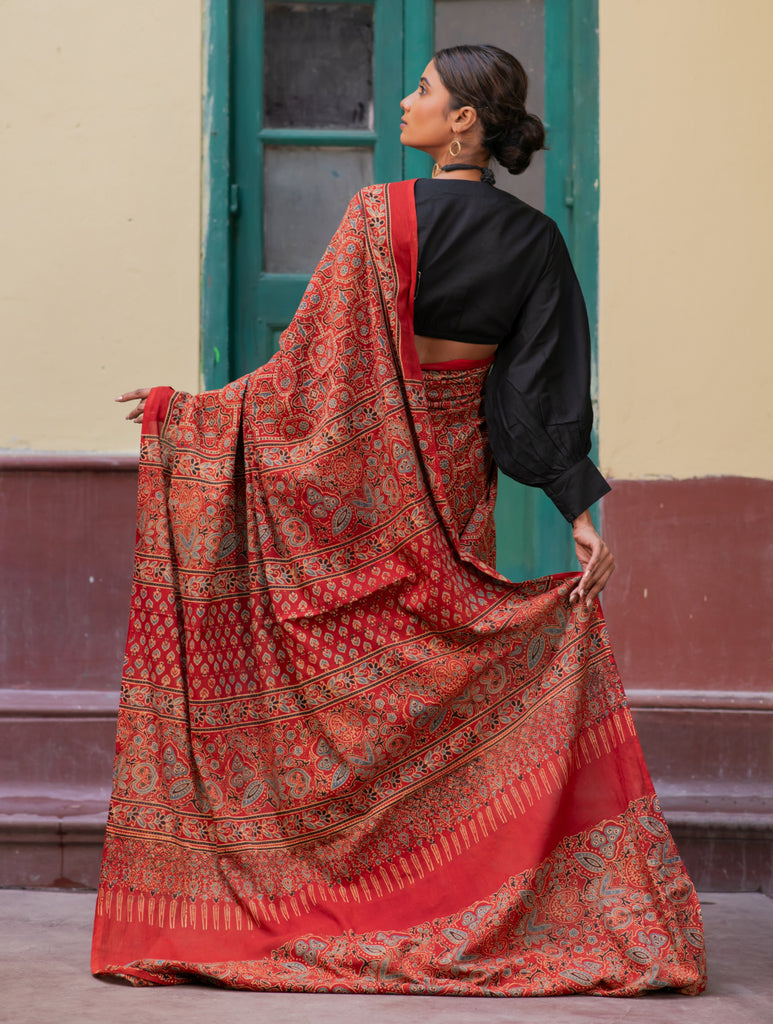 Classic Elegance. Ajrakh Hand Block Printed Cotton Mul Saree - Jewel Tones