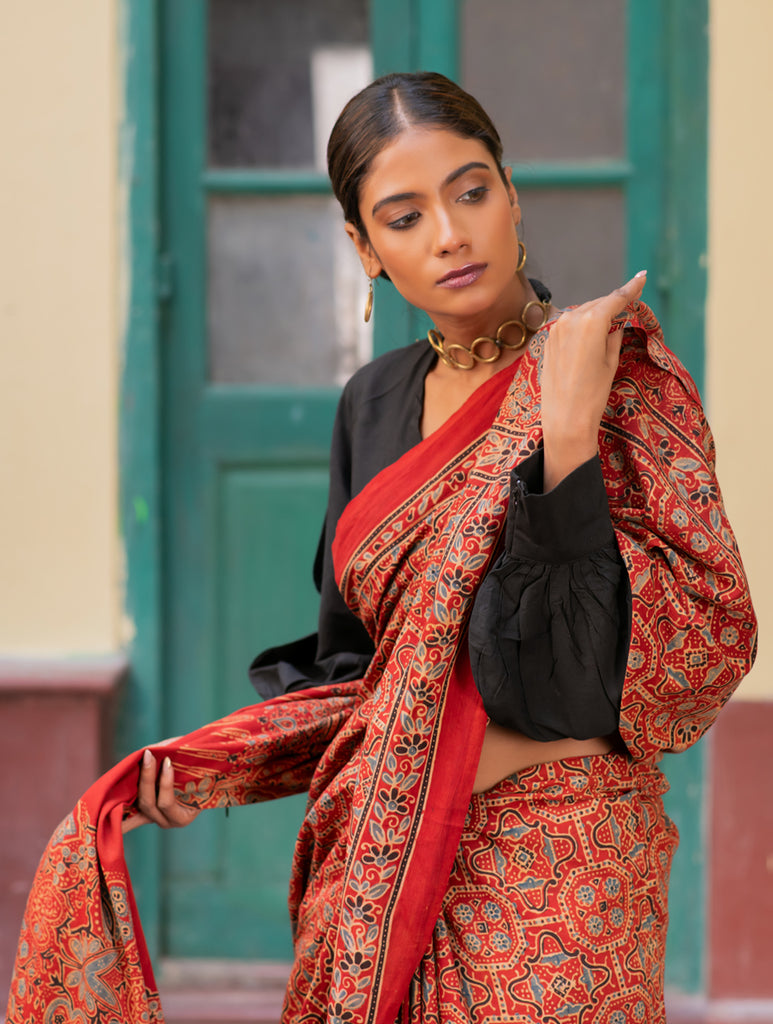Classic Elegance. Ajrakh Hand Block Printed Cotton Mul Saree - Jewel Tones