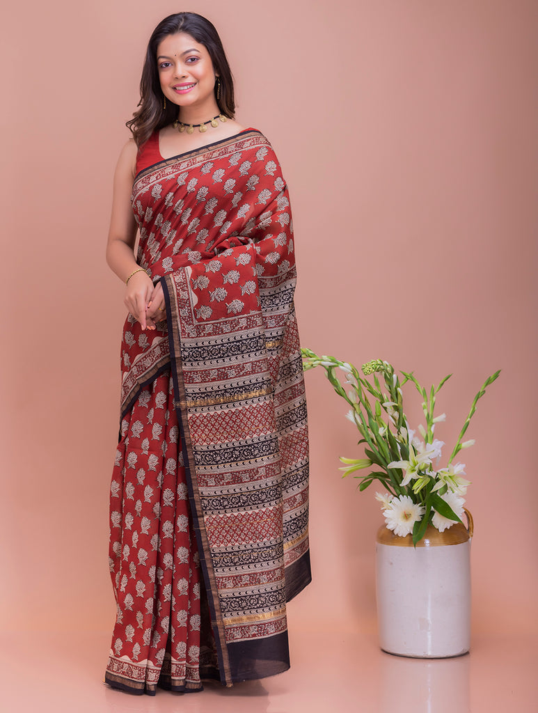 Classic Elegance. Bagru Block Printed Chanderi Saree - Red Floral 