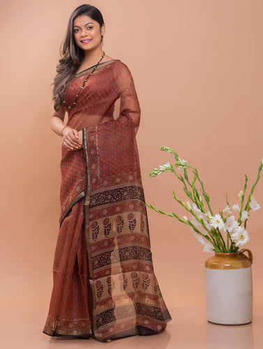 Classic Elegance. Bagru Block Printed Kota Silk Doria Saree - Brick Red Florets