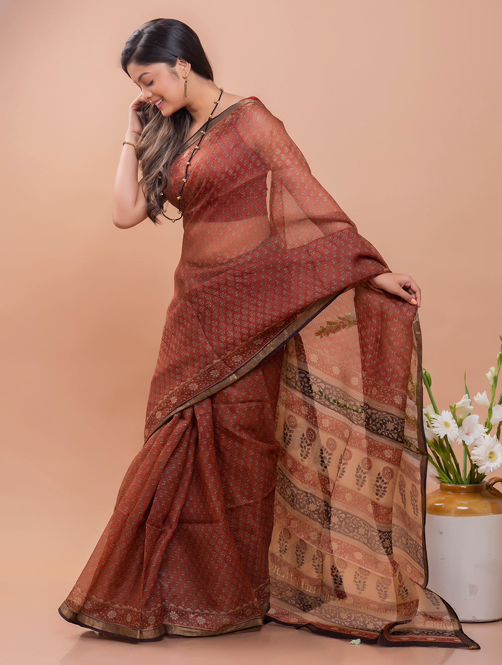 Classic Elegance. Bagru Block Printed Kota Silk Doria Saree - Brick Red Florets
