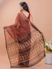 Classic Elegance. Bagru Block Printed Kota Silk Doria Saree - Brick Red Florets