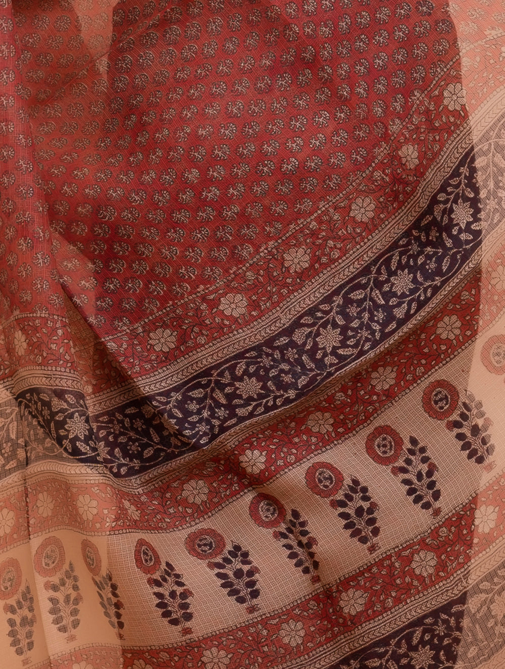 Classic Elegance. Bagru Block Printed Kota Silk Doria Saree - Brick Red Florets