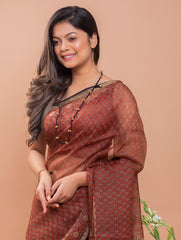 Classic Elegance. Bagru Block Printed Kota Silk Doria Saree - Brick Red Florets