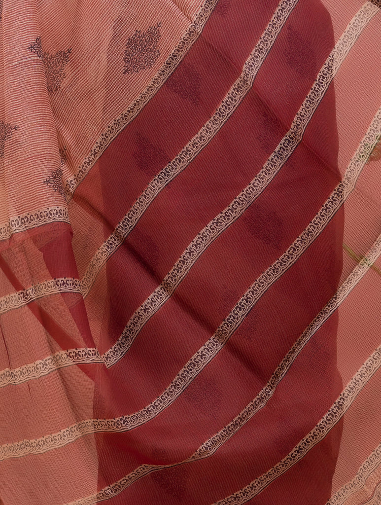 Classic Elegance. Bagru Block Printed Kota Silk Doria Saree - Red Ornate