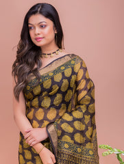 Classic Elegance. Bagru Block Printed Kota Silk Doria Saree - Yellow Paisleys