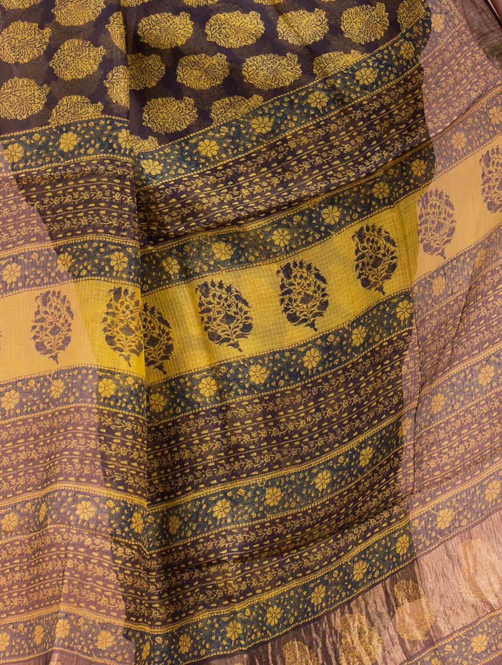 Classic Elegance. Bagru Block Printed Kota Silk Doria Saree - Yellow Paisleys