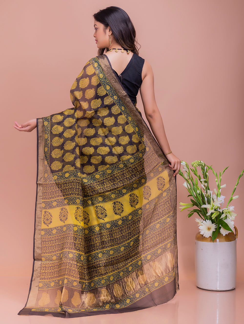 Classic Elegance. Bagru Block Printed Kota Silk Doria Saree - Yellow Paisleys