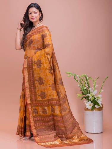 Classic Elegance. Bagru & Dabu Block Printed Kota Silk Saree - Mustard Elephants 